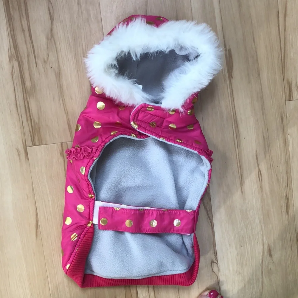 Top Paw Pink Ruffled Gold‎ Metallic Dots Puffy Fleece Lined Hoodie Jacket Coat M